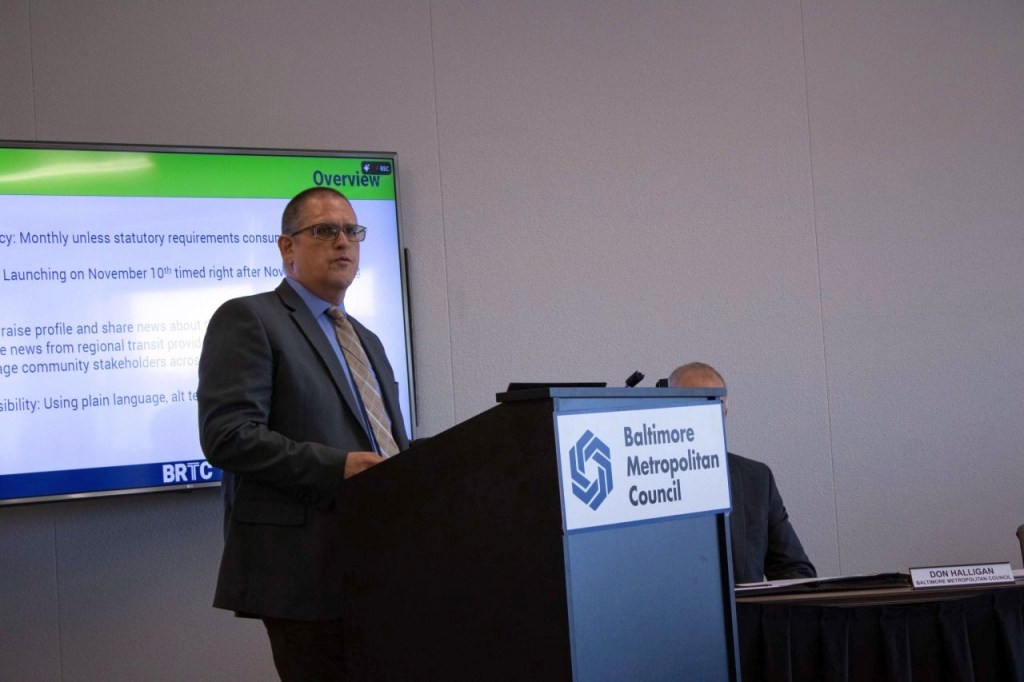 An image of Jake Schutt giving a presentation at a BRTC meeting